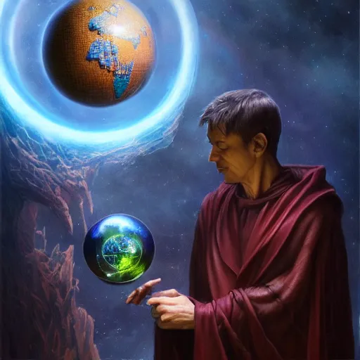 Image similar to the creator of worlds wearing a cloak and holding a holographic planet projection in his hand, detailed, sci - fi, digital painting, artstation, sharp focus, illustration, ominous, artgerm, tomasz alen kopera, peter mohrbacher, donato giancola, joseph christian leyendecker, wlop, frank frazetta