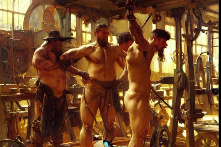 Image similar to muscular attractive blacksmiths in workshop, painting by gaston bussiere, craig mullins, greg rutkowski, alphonse mucha