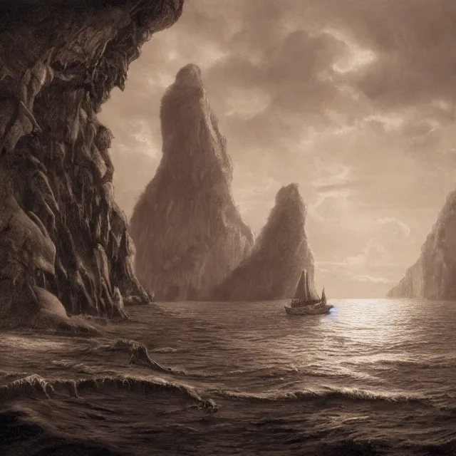 Image similar to photorealistic sepia painting of a pirate ship sailing in front of a tropical island cliff with the mouth of a grotto at the waterline, dark, brooding, atmospheric, lovecraft, by dave dorman