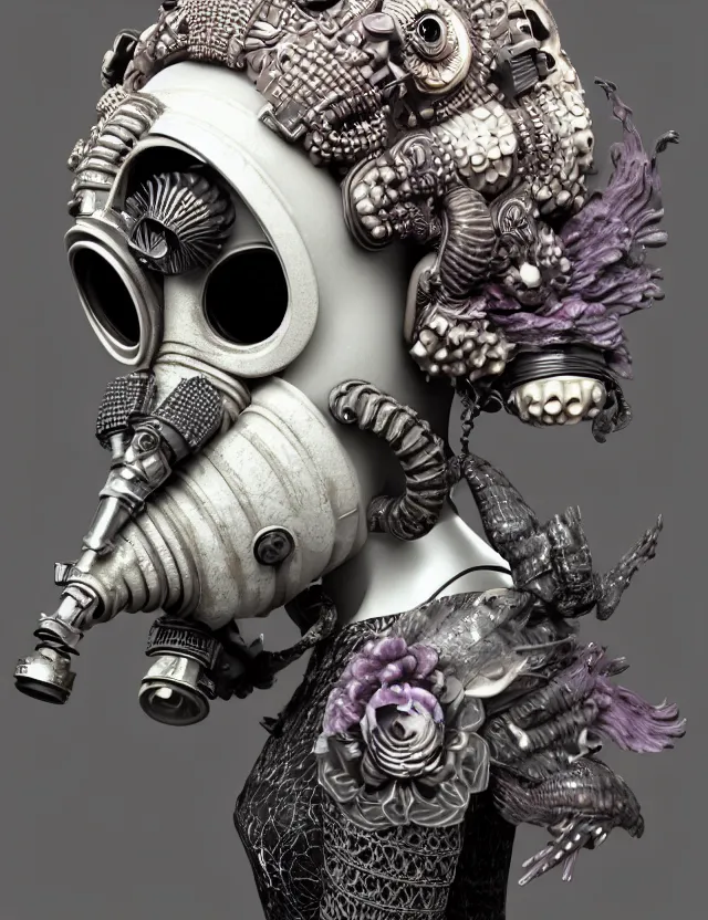 Image similar to 3 d goddess close - up profile punk portrait with vintage gas mask ram skull. beautiful intricately detailed japanese crow kitsune mask and clasical japanese kimono. betta fish, jellyfish phoenix, bio luminescent, plasma, ice, water, wind, creature, artwork by tooth wu and wlop and beeple and greg rutkowski