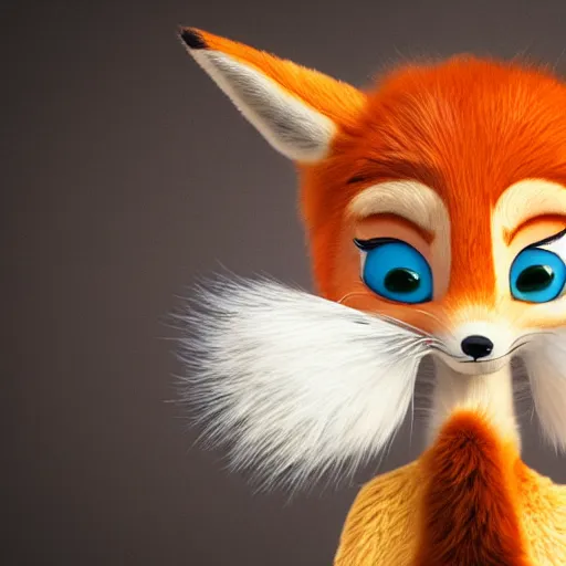 Image similar to upper half portrait of a anthropomorphic female fox with short white fur covering her body in the style of zootopia, top down view