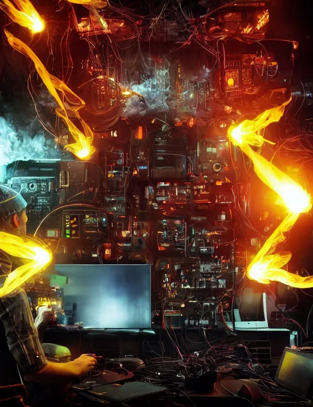 Prompt: “Artstation. A room full of electronic steampunk equipment with lots of electric wires and large tv screens and audio meters and voltage meters. A colorful bright explosion and fire and smoke is bursting out of the TV screens. Close-up of a man sitting at the keyboard in awe. Cinematic lighting, dark, highly detailed. In style of Mike Savad”