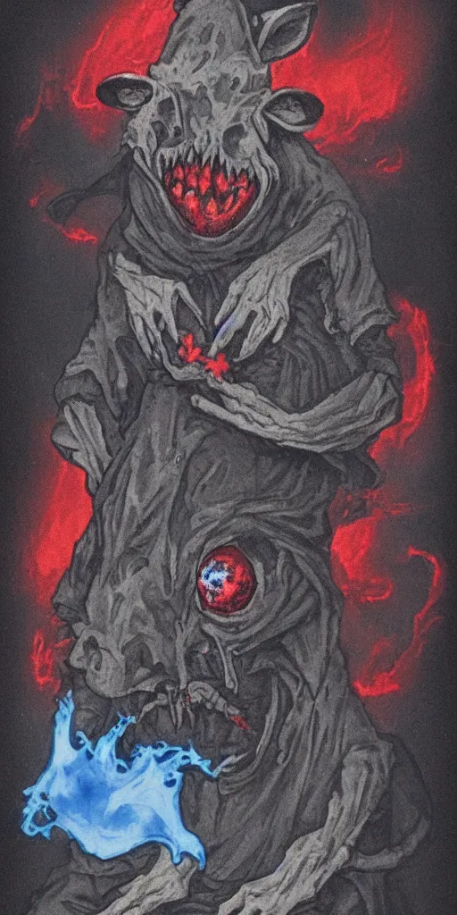 Prompt: an undead rat with rotted face and glowing red eyes wearing black tattered robes and holding two blue flames