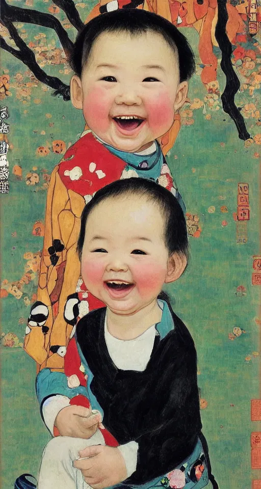 Prompt: A baby girl sitting, toy in hand, selfie, big smile, art by Qi Baishi and Klimt