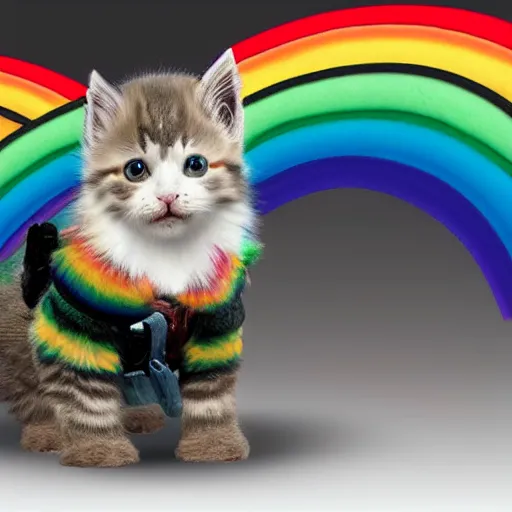 Image similar to wide angle full body, of a fluffy cute rainbow kitten wearing a black leather motorcycle jacket, concept art