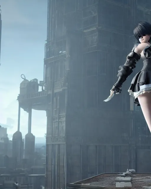 Prompt: unreal engine screenshot of 2B from Nier Automata and with slender body type standing on top of a large building, unreal engine, 8k