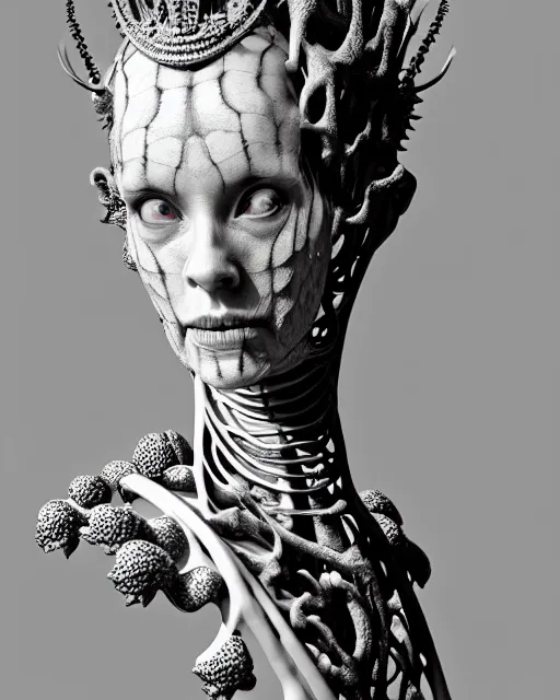 Image similar to a black and white high quality old photo of a young beautiful female queen-dragon-cyborg bust with a very long neck and Mandelbrot fractal face, Mandelbrot fractal skin, flesh, anatomical, facial muscles, veins, arteries, elegant, highly detailed, flesh highly baroque ornate, hair are wired cables, elegant, high fashion, rim light, octane render, in the style of H.R. Giger and Louis Daguerre, Realistic, tintype, Refined, Digital Art, Highly Detailed, Cinematic Lighting, rim light, black and white, photo-realistic, 8K