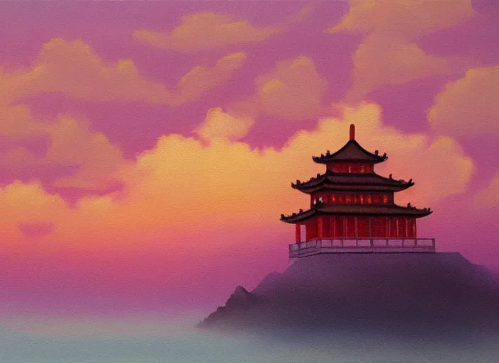 Prompt: an oil painting of a chinese temple floating among the clouds during a pink sunset