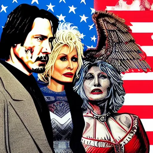 Prompt: American Gothic, with Keanu Reeves and Dolly Parton, by MARVEL comics and Sandra Chevrier, 8k