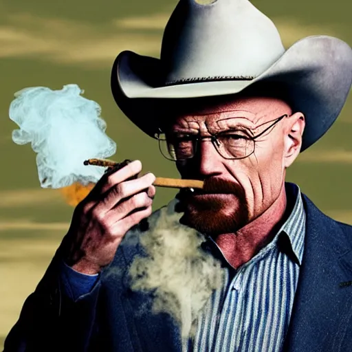 Prompt: walter white wearing a cowboy outfit and smoking a cigar in a desert full of bushes