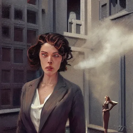 Image similar to detailed face of an intelligent clothed woman with kind eyes in a architectonic courtyard with whisps of smoke at a science expo, atmospheric, ambient, pj crook, syd mead, livia prima, artgerm, greg rutkowski, nick alm, casey baugh