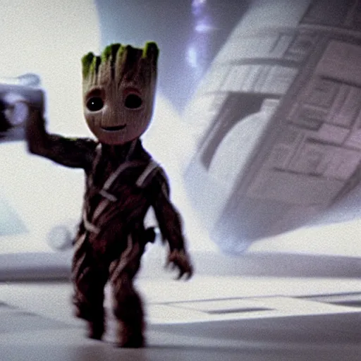 Prompt: Film still of Baby Groot walking around on the Death Star, from Star Wars (1977)
