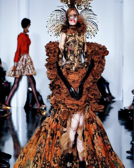 fashion model walking down a catwalk, elaborate dress | Stable Diffusion