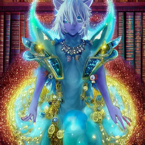 Prompt: portrait from an anime of a furry ethereal colorful blue starry fox peacock character, giant golden fangs, wearing star filled magic imbued mage robes, wearing lots of gold jewelry and gems, sitting in an ordinary library at night, art by yuji ikehata, background art by miyazaki, realism, detailed, proper human proportions, fully clothed