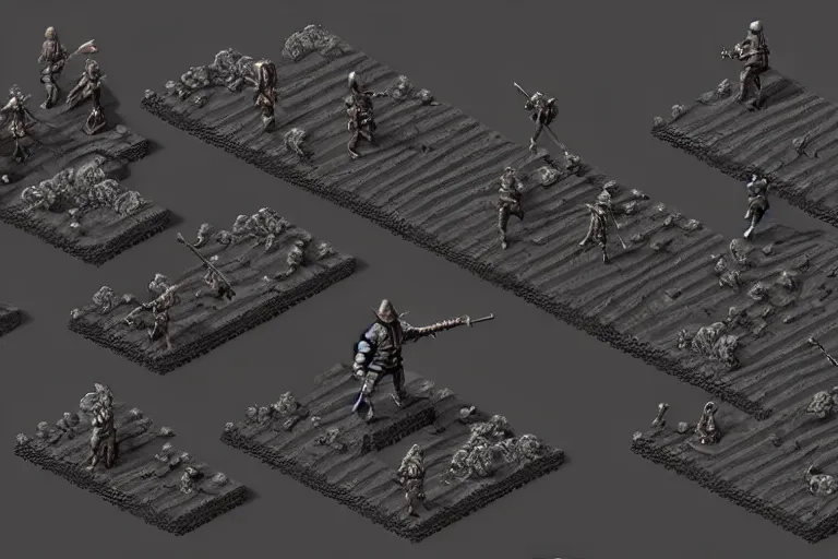 Image similar to isometric ghost warriors, dark landscape, by dan mumford and by alberto giacometti, peter lindbergh, malevich, william stout, zbrush