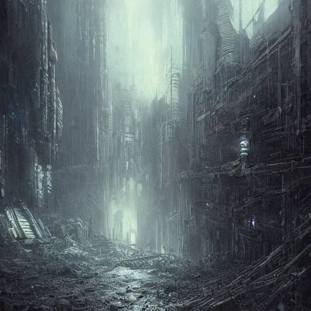 Prompt: dystopian cyberpunk ruins, gustave dore greg rutkowski, detailed, mist