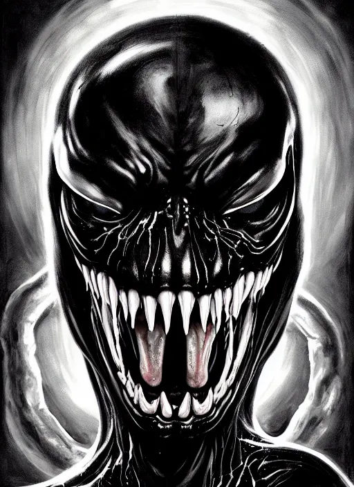 Image similar to a dream portrait of venom as god of the death, black & white, melting, webbing, 8 k, by tristan eaton, stanley artgerm, tom bagshaw, greg rutkowski, carne griffiths, ayami kojima, beksinski, giger, trending on deviantart, face enhance, hyper detailed, minimalist, horror, alien