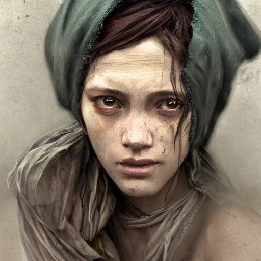 Image similar to Epic portrait A homeless female, sad, tearing up, dirty clothes, dirty face, digital painting, artstation, concept art, soft light, hdri, smooth, sharp focus, illustration, fantasy, intricate, elegant, highly detailed, D&D, matte painting, in the style of Greg Rutkowski and Alphonse Mucha and artemisia, 8k, highly detailed, jurgens, rutkowski, bouguereau, pastoral, rustic, georgic