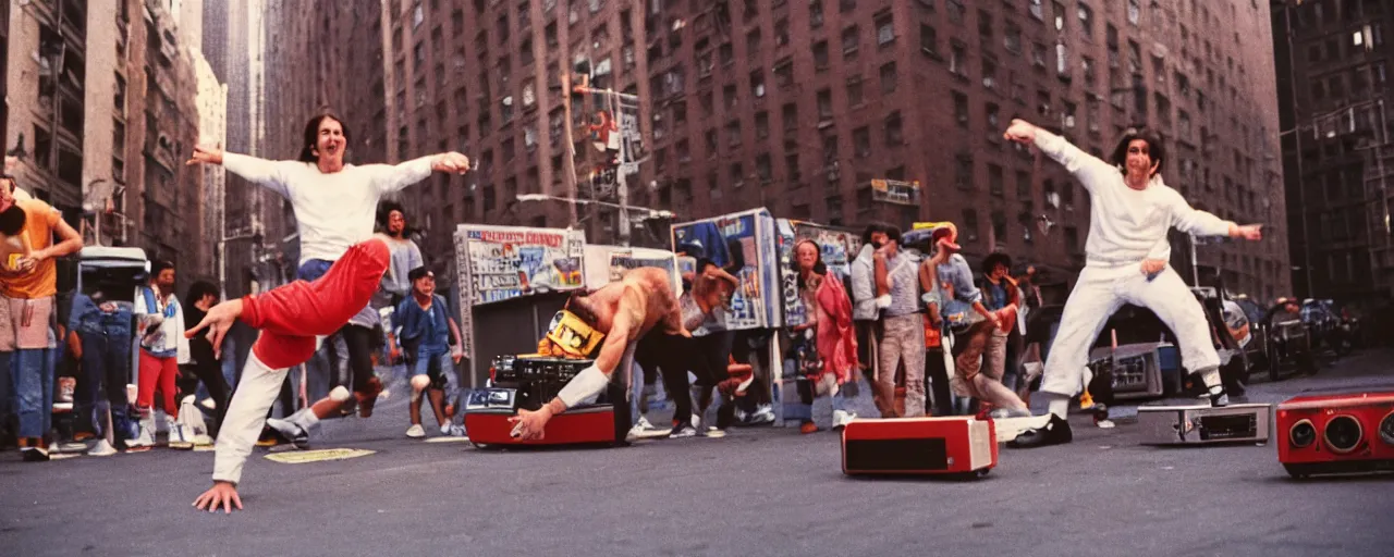 Image similar to 1 9 8 0's breakdancing next to a boombox,!!! spaghetti, nyc, afternoon light, detailed, canon 2 0 mm, wes anderson, kodachrome