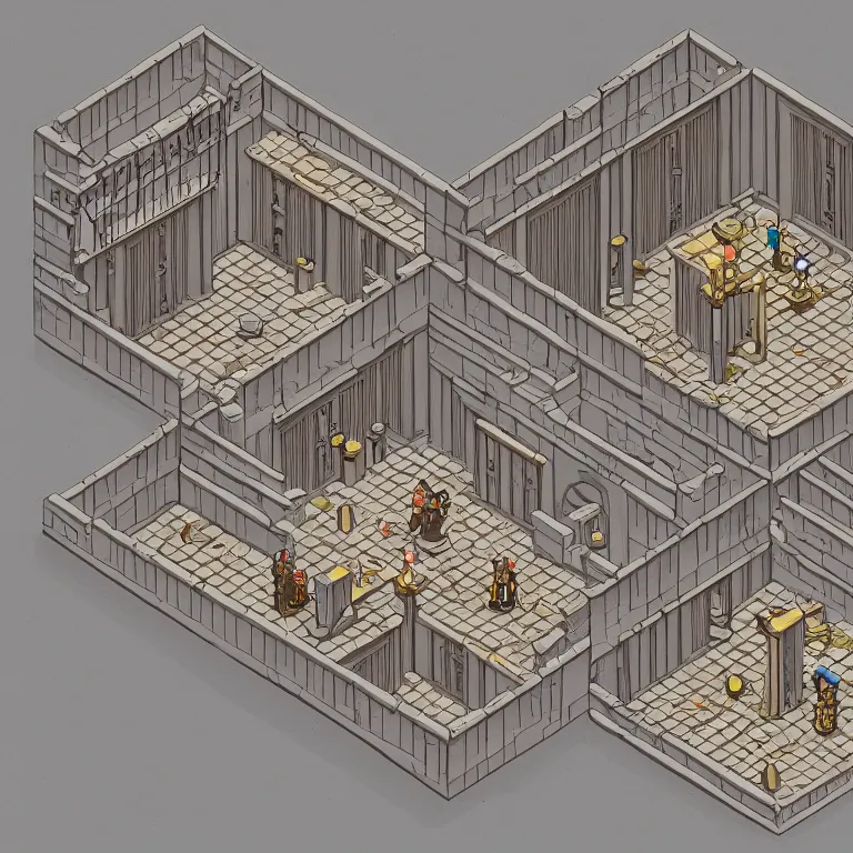 Prompt: isometric top down dungeon backrooms painted in the style of Tadai Ando