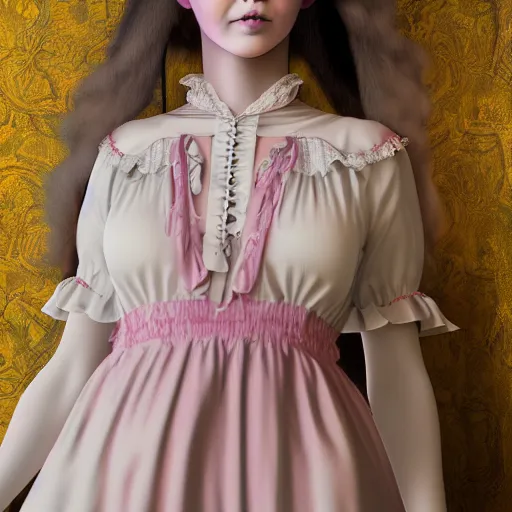 Image similar to 8 k, octane render, realism, tonalism, renaissance, rococo, baroque, cotton candy, portrait of a creepy young lady wearing long 1 9 7 0 s babydoll dress with flowers and skulls