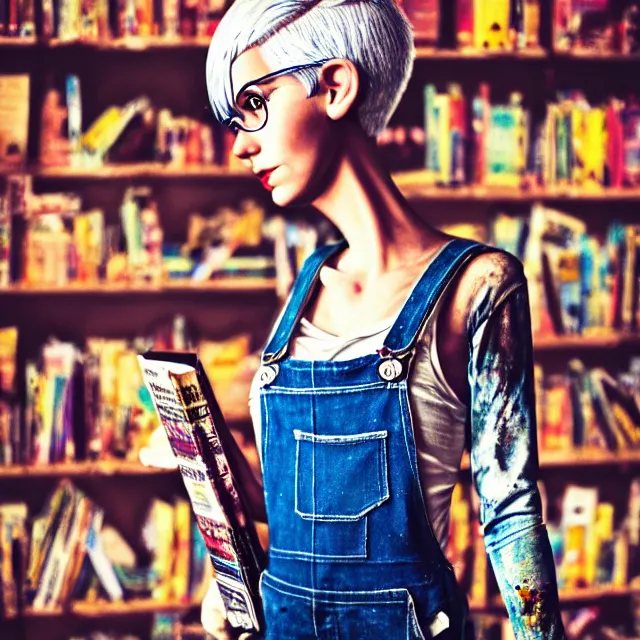 Image similar to full body pose, beautiful adult book fairy, pixar, short white hair shaved sides, dirty, grungy, grunge, long sleeve, painted overalls, stacks of giant books, highly detailed, 4 k, hdr, smooth, sharp focus, high resolution, award - winning photo, artgerm, photorealistic