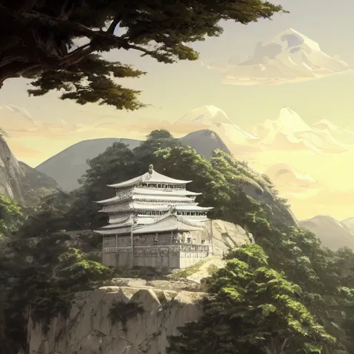 Image similar to concept art painting of a white marble temple on top of a mountain, with greek and japanese architecture, overlooking a valley with a village below, realistic, detailed, cel shaded, in the style of makoto shinkai and greg rutkowski and albert bierstadt and james gurney