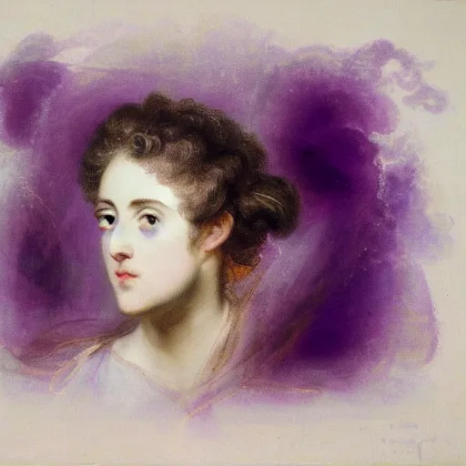 Image similar to electric purple by joshua reynolds ornate. a beautiful experimental art. she looks up at me, up & down. she has short - cropped hair, & a scar on her left cheekbone : just a line of black against her deep tan, precise & geometrical. her eyes are pale green.