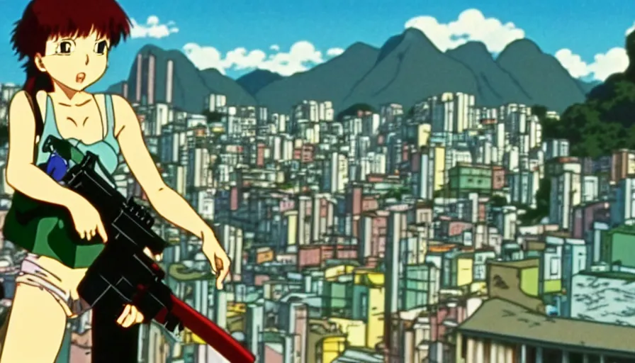 Image similar to 1 9 8 6 anime screencap of a girl with a gun on a rio de janeiro anime, by hayao miyazaki, studio ghibli, favela background extremely high quality artwork 4 k