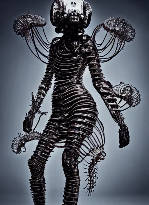 Image similar to walking down the catwalk, stage, vogue photo, podium, fashion show photo, historical baroque dress dark, iris van herpen, helmet on face, masterpiece, intricate, biopunk, vogue, full body shot, alien, plant predator, guyver, wires, tubes, veins, jellyfish, white biomechanical details, wearing epic bionic cyborg implants, highly detailed