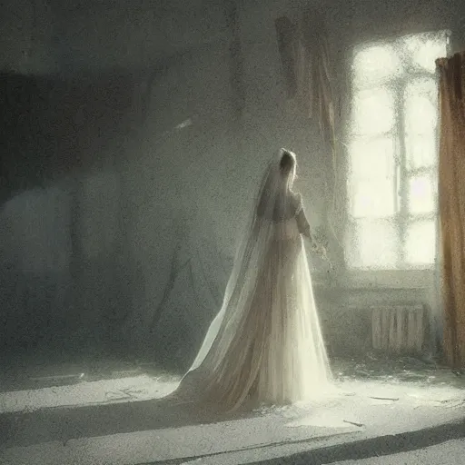 Image similar to A woman in a wedding dress in a dilapidated room, long shadow, dark room, vintage shading, warm colors, by Greg Rutkowski, artstation