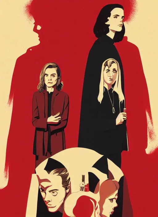 Prompt: Twin Peaks movie poster artwork by Michael Whelan and Tomer Hanuka, Rendering of Emma Watson nun & Kiernan Shipka satanist team up to solve mysteries, from a scene from Twin Peaks, clean, full of detail, Matte painting, trending on artstation and unreal engine