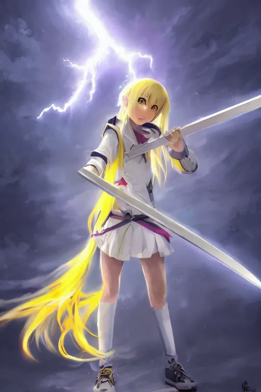 Image similar to anime teen girl with long yellow ponytail wearing white long jacket while holding a lightning scythe with her hands, wlop, concept art, digital painting, trending on artstation, highly detailed, epic composition, 8 k uhd