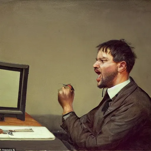 Image similar to an angry man yells at his computer monitor, oil on canvas, 1 8 8 3, highly detailed