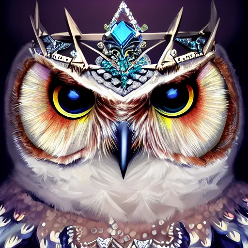 Image similar to detailed portrait of a magical owl, wearing a diamond crown, glowing feathers, digital art, realistic, dnd, character design, artstation