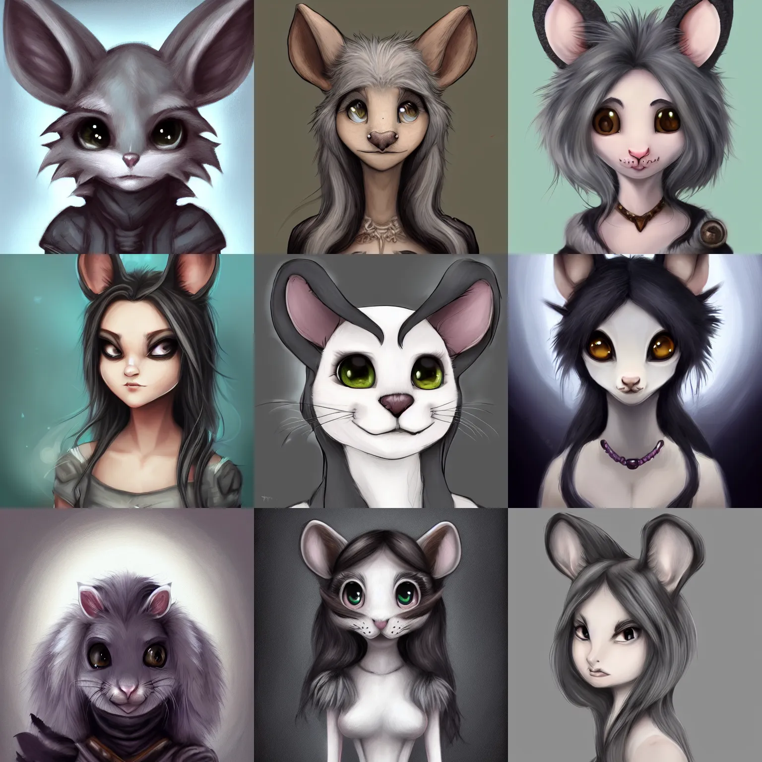 Prompt: 3/4 headshot of young female furry, D&D, cute, fantasy, intricate, long hair, grey skin, mouse face, mouse nose, mouse head, mouse ears, black hair, elegant, highly detailed, digital painting, artstation, concept art, smooth, sharp focus, illustration, art by Diives