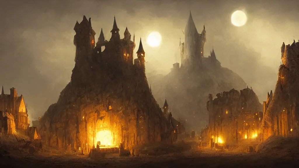 Prompt: A medieval fantasy village surrounding a towering wizard's castle on a hill, crescent moon, light glowing from windows at night, smoke from chimneys concept art by Greg Rutkowski