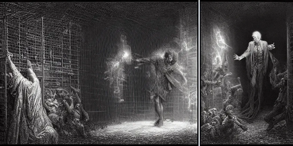 Image similar to a man trapped in a cage, interdimensional forcefield, aura, fear, detailed painting by painting by by gene wolfe, by gustave dore