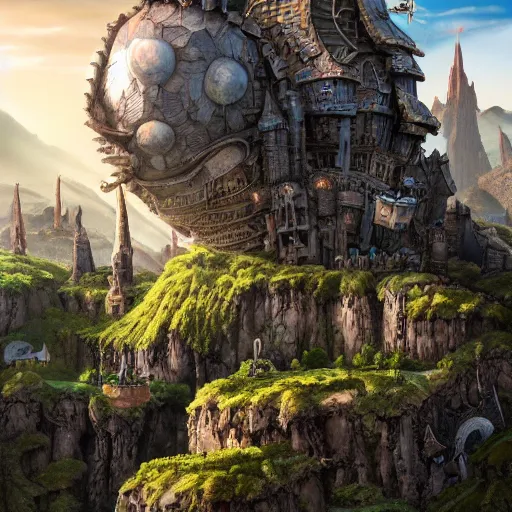 Prompt: large fantasy castle rising from the top of a giant tortoise, towering over a harsh wasteland with sharp rays of sunlight, howls moving castle, mortal engines, kaiju, distant - mid - shot, fantasy, hyper detailed, 4 k