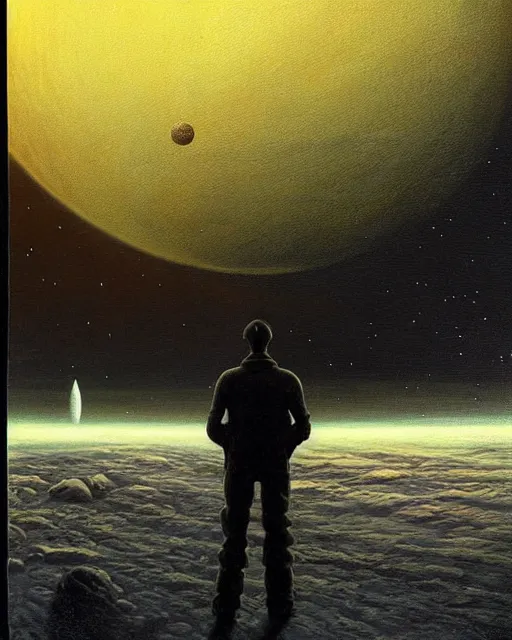 Image similar to a painting of a man standing in front of a planet, a detailed matte painting by david a. hardy and by les edwards and by ralph mcquarrie, featured on deviantart, space art, sci - fi, dystopian art, matte painting