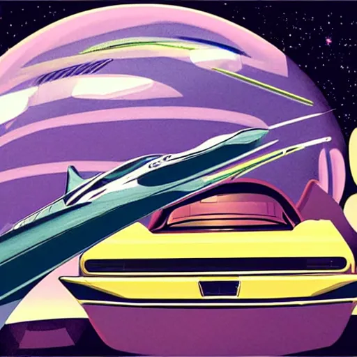 Image similar to retro - futurism, car in space