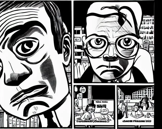 Image similar to a single sad, fearful guy by daniel clowes, comic, black and white, single panel, close up