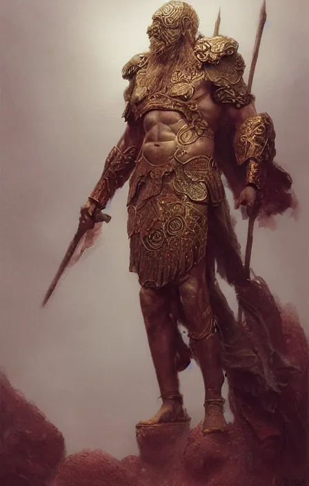 Image similar to zeus god, wearing thunder armor, greek ornamented armor, beksinski, ruan jia, weta workshop concept art