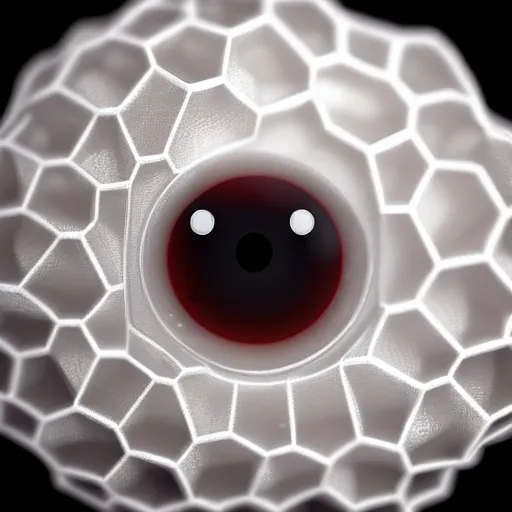 Image similar to closeup of a human eye made but the pupil is a little honeycomb of bubblewrap plastic, hyper detailed 3d render