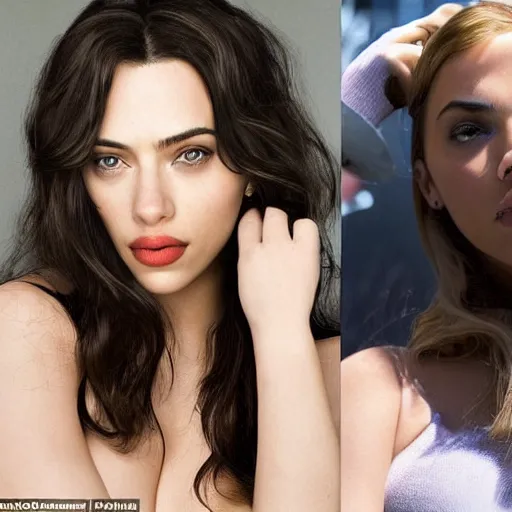 Image similar to a woman who is a genetic combination of kim kardashian and kat dennings and scarlett johansson and margot robbie and emma watson, face and upper - body focus