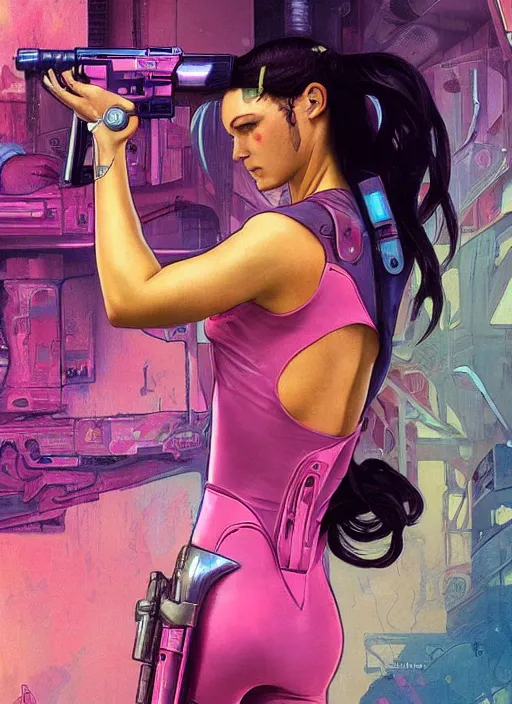 Image similar to beautiful cyberpunk female athlete in pink jumpsuit. lady firing a futuristic red automatic pistol with huge magazine. ad for pistol. cyberpunk poster by james gurney, azamat khairov, and alphonso mucha. artstationhq. gorgeous face. painting with vivid color, cell shading. ( rb 6 s, cyberpunk 2 0 7 7 )