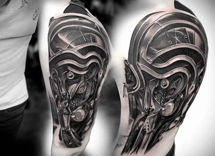 Prompt: biomechanical tattoo, in the style of h. r. giger