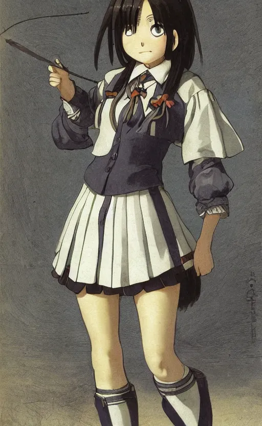 Prompt: school girl, school uniform, seifuku, pleated miniskirt, battle angel alita. by rembrandt 1 6 6 7, illustration, illustrious makinami