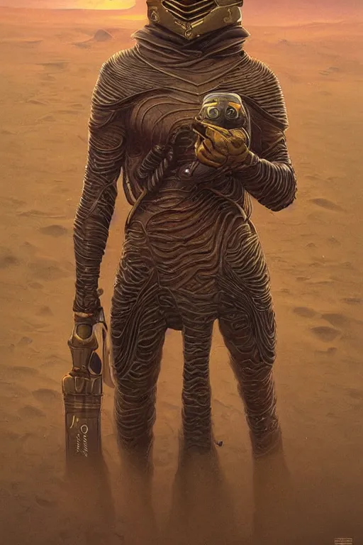 Image similar to dune themed elite sardaukar warrior, desert breathing armor, graffiti, sketch by sachin teng, moebius, artgerm, michael cheval, esao andrews, francois boucher, masterpiece, intricate organic painting, matte painting, hard edges, highly detailed, cinematic lighting character art movie poster by drew struzan