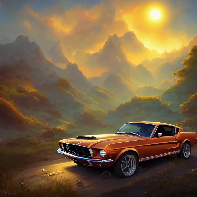 Prompt: long shot camera angle of a 1 9 6 8 mustang driving down a country road landscape, coriolios rpg art style, full of details, warm sunset colors, matte painting, artstation, 8 k, hyperrealistic, style of peter mohrbacher, album cover